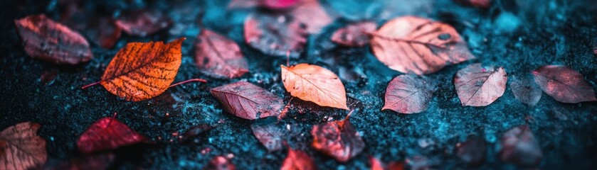 Colorful autumn leaves rest on a textured dark colored surface