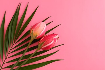 A Delicate Arrangement of Pink Tulips and Palm Frond