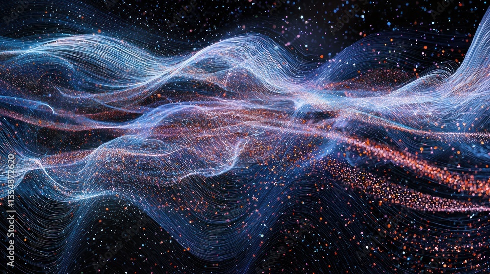 Poster tiny particles and luminous dots moving in chaotic, yet rhythmic patterns, reminiscent of subatomic 