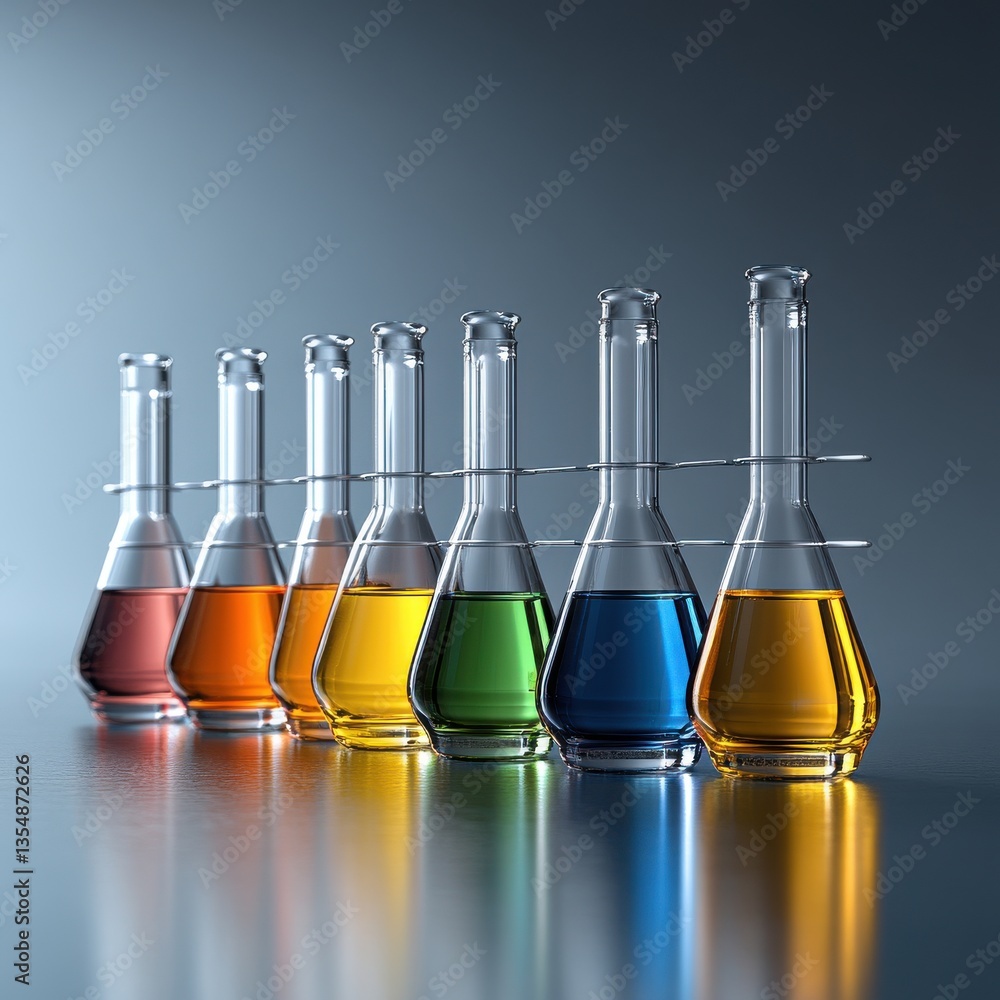 Poster a row of glass vials with different colored liquids in them