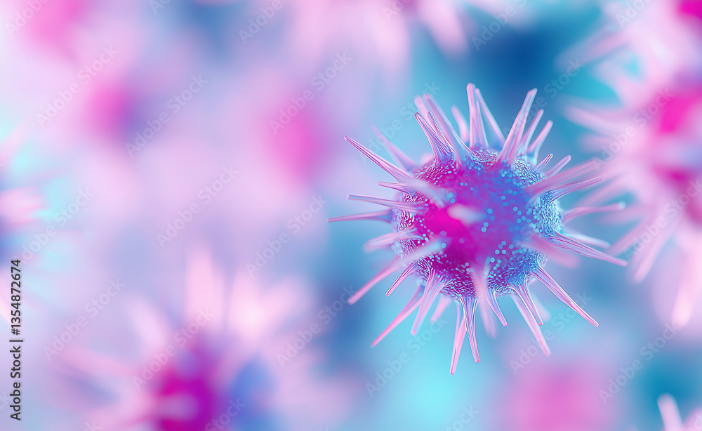 Poster close-up of a virus under a microscope, with colorful and abstract details depicting the structure o