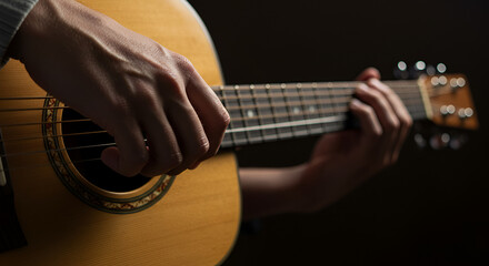 Fototapeta premium Close-up Hand Playing Guitar Chords, Musical Instrument Detail
