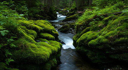 Flowing Stream Through Mossy Rocks in Lush Green Forest Landscape