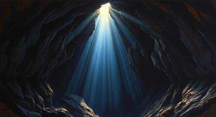 Light in the dark, Divine like light sunbeam coming to dark cave giving hope