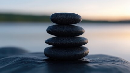 Stacked stones, serene, balanced, tranquil.  Peaceful stones resting atop each other,  creating a sense of harmony and balance.  Calm, focused image, perfect for meditation