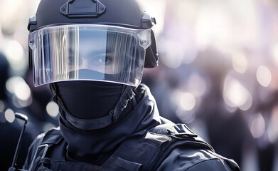 Fototapeta premium Close-up shot of a law enforcement officer wearing a helmet and riot gear, with a focus on the eyes behind a protective shield. 