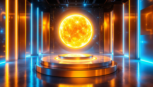 A radiant celestial sphere illuminates a futuristic stage, bathed in warm golden and cool blue neon lights, creating an otherworldly atmosphere of power and innovation.