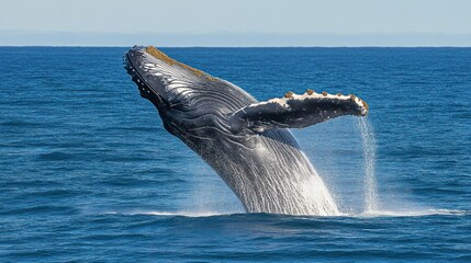 Fototapeta premium A large humpback whale breaches above the blue ocean water