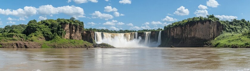 Wide panoramic view of the beautiful natural waterfalls landscape scene