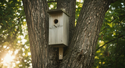 Wooden Birdhouse on Tree Trunk with Green Leaves and Bokeh