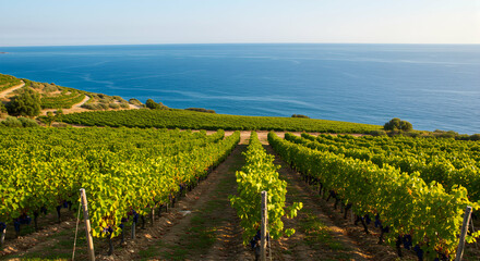 Naklejka premium Vineyard Landscape Overlooking Ocean on Sunny Day for Wine Tourism