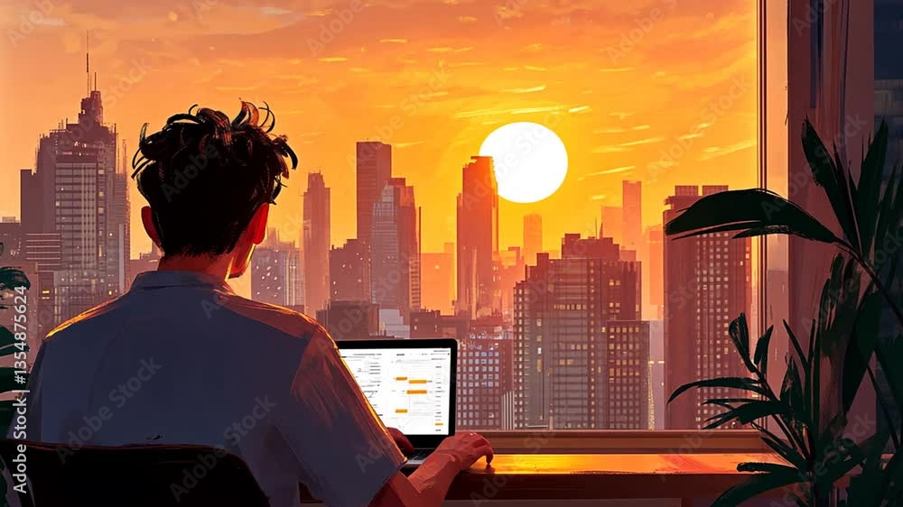 Poster sunset view from office during productive working day generative ai