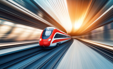 Fototapeta premium A high-speed modern train zooming down a futuristic railway track. 