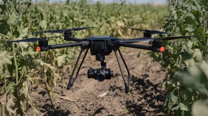 A drone hovering above a crop field during daylight hours