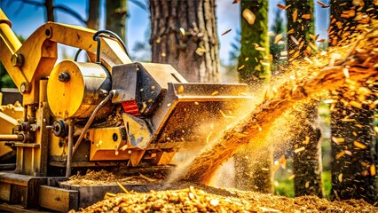 Powerful Wood Chipper in Action – Flying Wood Chips and Tree Stump Removal with High-Speed Machinery