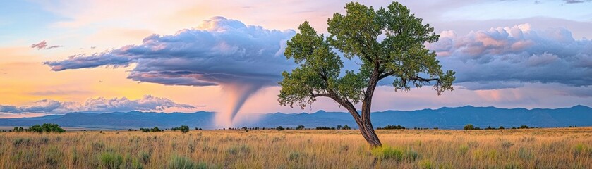 Obraz premium A large tree standing alone in a field under cloudy skies