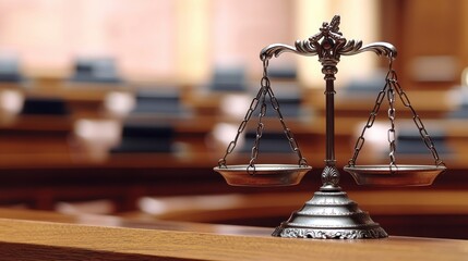 Justice scales in courtroom.
