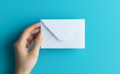 A pair of hands holding a white envelope with a teal background.
