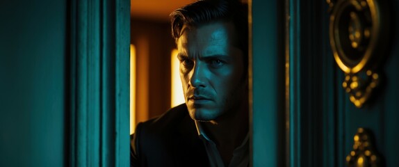 Dark atmospheric portrait, man peering through doorway, teal blue lighting, mysterious shadows, intense gaze, cinematic composition, high contrast, film noir style, suspenseful mood, textured backgrou
