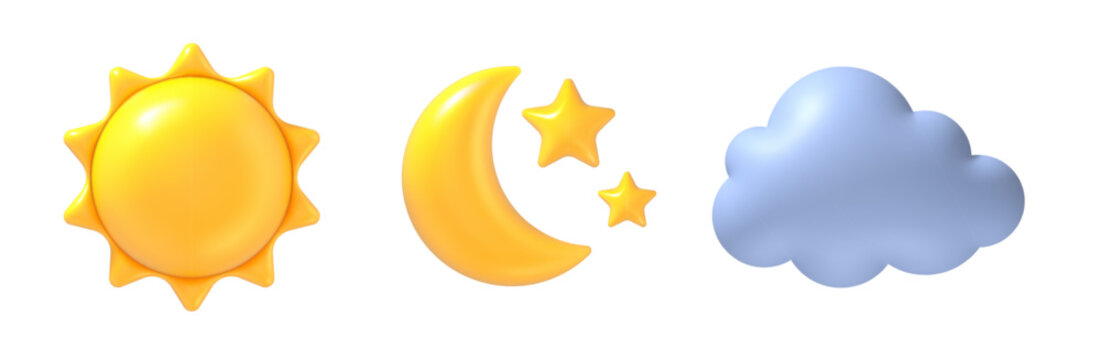 3d sun, moon and cloud. Realistic yellow sun, crescent with stars and blue rain cloud weather realistic glossy icons. Sunny day, clear night and cloudy sign. Vector isolated set.