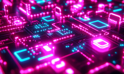 Abstract glowing circuit board texture, vibrant pink and cyan neon lights, digital technology background.