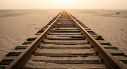 Fototapeta premium Railway Tracks Stretching Through Desert Landscape at Sunset with Warm Light