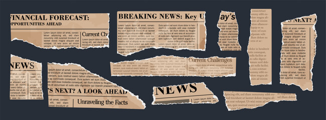 Torn newspaper. Old newspapers clipping set. Vintage paper pieces with jagged edges. Torn paper elements with typography. Ripped scraps for modern scrapbook collage. Vector set.
