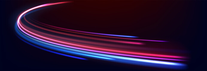 Speed line background. Glowing color speed lines, curves car trail with motion blurred light effect. Neon colored race on night road, speedway. Blue and red wavy paths. Vector concept.