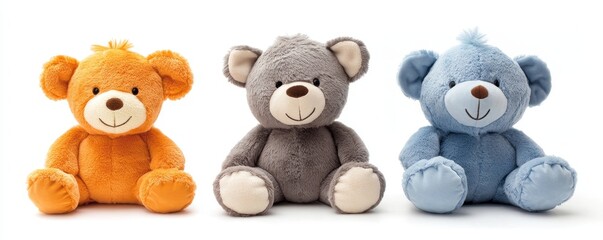 cutout set of 3 stuffed animal toys isolated on white background. Generative AI