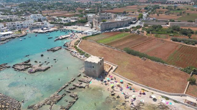 Aerial view of Benedictine Abbey of San Vito in Polignano a mare, Puglia, south Italy. Aerial shot of the abbey of San Vito, near Monopoli in the beautiful Mediterranean and Adriatic Sea