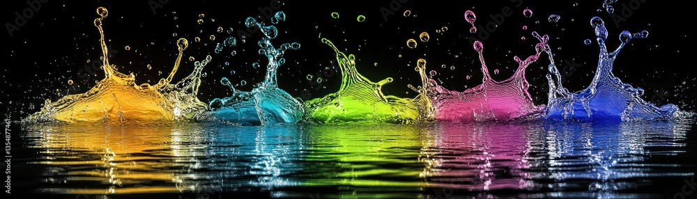 Poster colorful water splashes form elegant patterns on a dark background