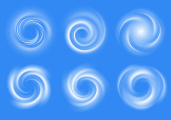 Air swirl. Swirl light effect, spiral air flow, circular vortex, cold wind conditioner stream. Spiral blue airflow, isolated vector set.