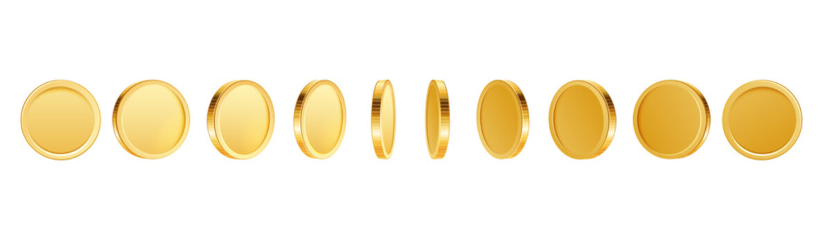 Gold coin turn around. Realistic 3D golden coins in different position, sprite sheets for game or app animation. Bingo jackpot casino poker win gambling elements. Vector set.
