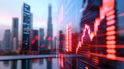 A close-up shot of a digital stock market chart with a red graph line, reflecting on the glass windows of tall office buildings during sunset.

