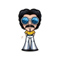 Create a vibrant illustration of a groovy 1970s character, sporting flared bell-bottom pants and large round sunglasses, radiating funky energy.