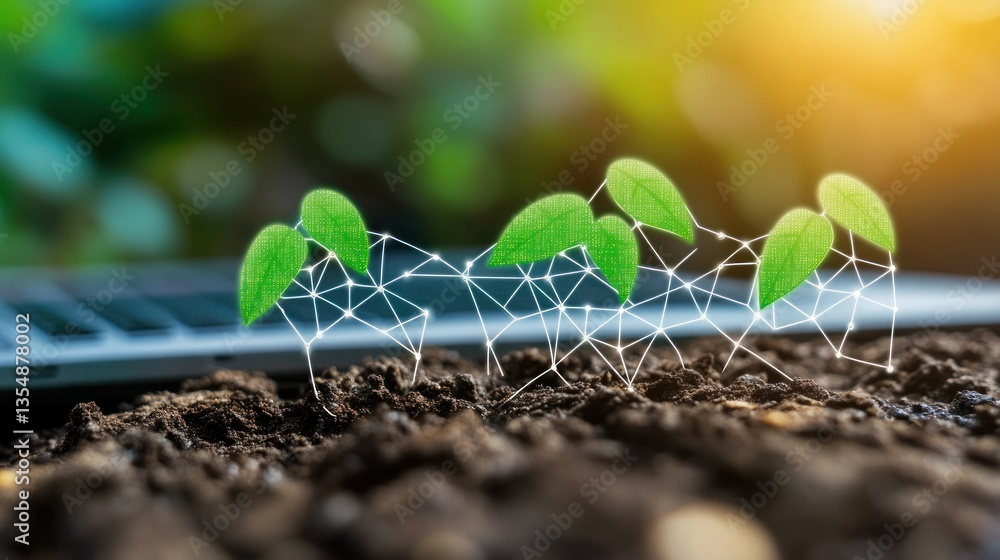 Poster digital network of leaves emerging from earth with laptop backdrop