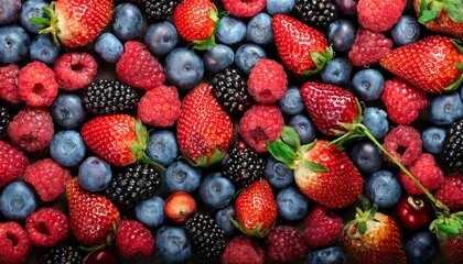 a mix of strawberries, blueberries, raspberries and blackberries on a wooden table	seen from above, food photography