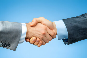 A close-up shot of two businessmen shaking hands against a light blue background, symbolizing agreement, partnership, and success.