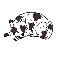 Vector drawing of a sleeping dog with white color and brown spots on a white background.