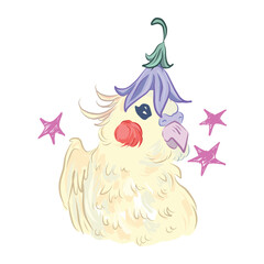 cute cockatiel parrot, with a flower on head. Nymphicus. funny beautiful vector illustration.