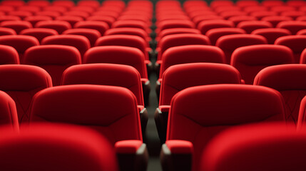 Fototapeta premium Rows of red velvet seats in a movie theater, showcasing a cinematic experience with soft focus on the seats. 