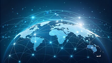 Abstract global network concept with a world map. Futuristic technology. Business tech. Global network planet Earth. Global Communication Network. Abstract world network connection