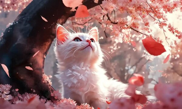 Fluffy white cat looking at flying pink cherry blossom petals in serene setting