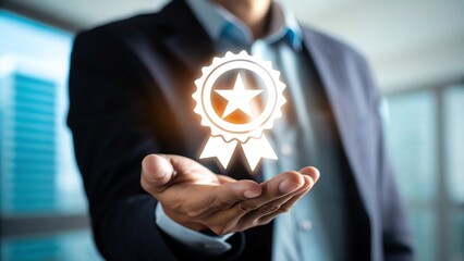Human Resources Talent Management Retention. A businessman presenting a glowing award symbol in a modern office setting.