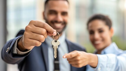 Human Resources Talent Management Retention. Happy couple celebrating key handover, symbolizing new home ownership or successful real estate transaction.