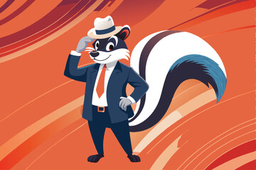 A dapper 1930s cartoon skunk in a pinstripe suit and fedora, holding a top hat, mischievous grin.  Art Deco style.