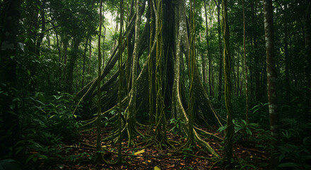 Fototapeta premium Lush Rainforest Scene Featuring a Giant Tree with Hanging Vines