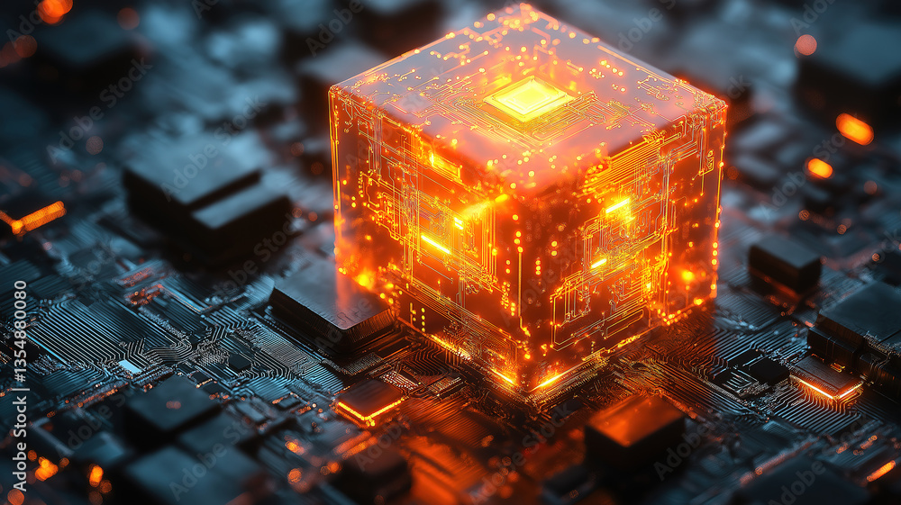 Poster bright orange cube with glowing internal circuitry, highlighting complex components and design
