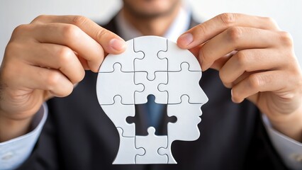 Human Resources Talent Management Retention. A person holds a puzzle piece shaped like a head, symbolizing mental challenges and problem-solving.
