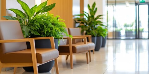 Obraz premium Modern Waiting Area with Greenery and Stylish Wooden Chairs